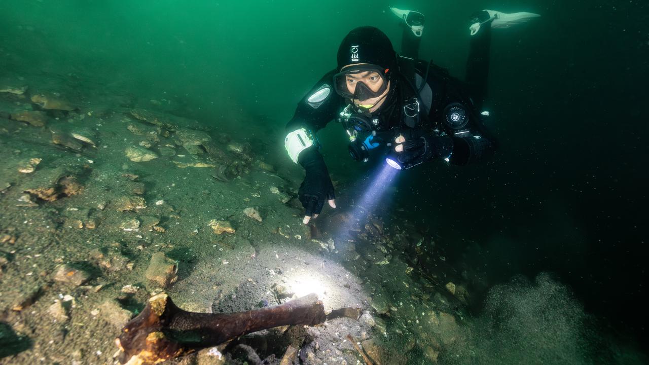 Paleontologist Julien Louys diving for fossils