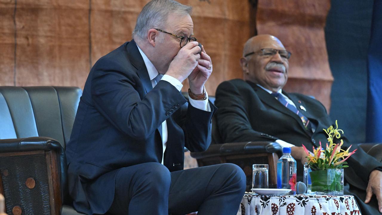 Anthony Albanese and Fiji's Prime Minister Sitiveni Rabuka drink kava