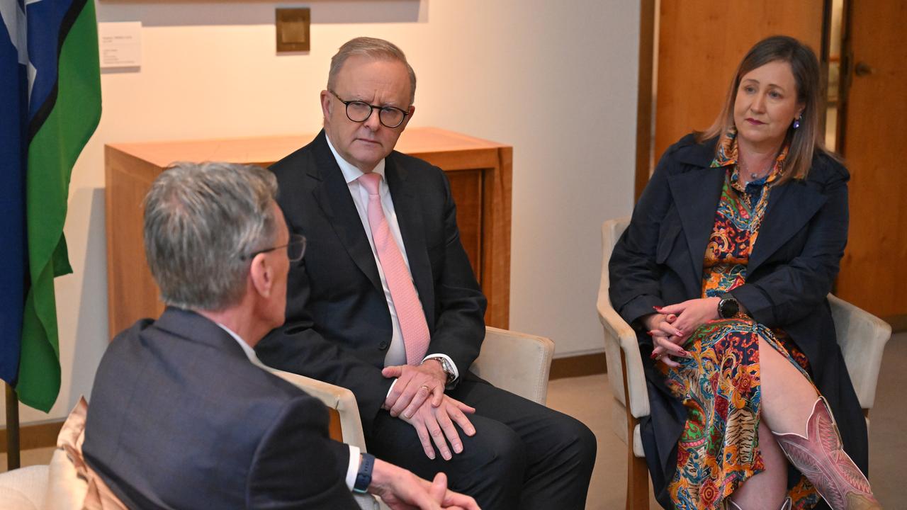 Anthony Albanese meets advocates Wayne Holdsworth and Mia Bannister
