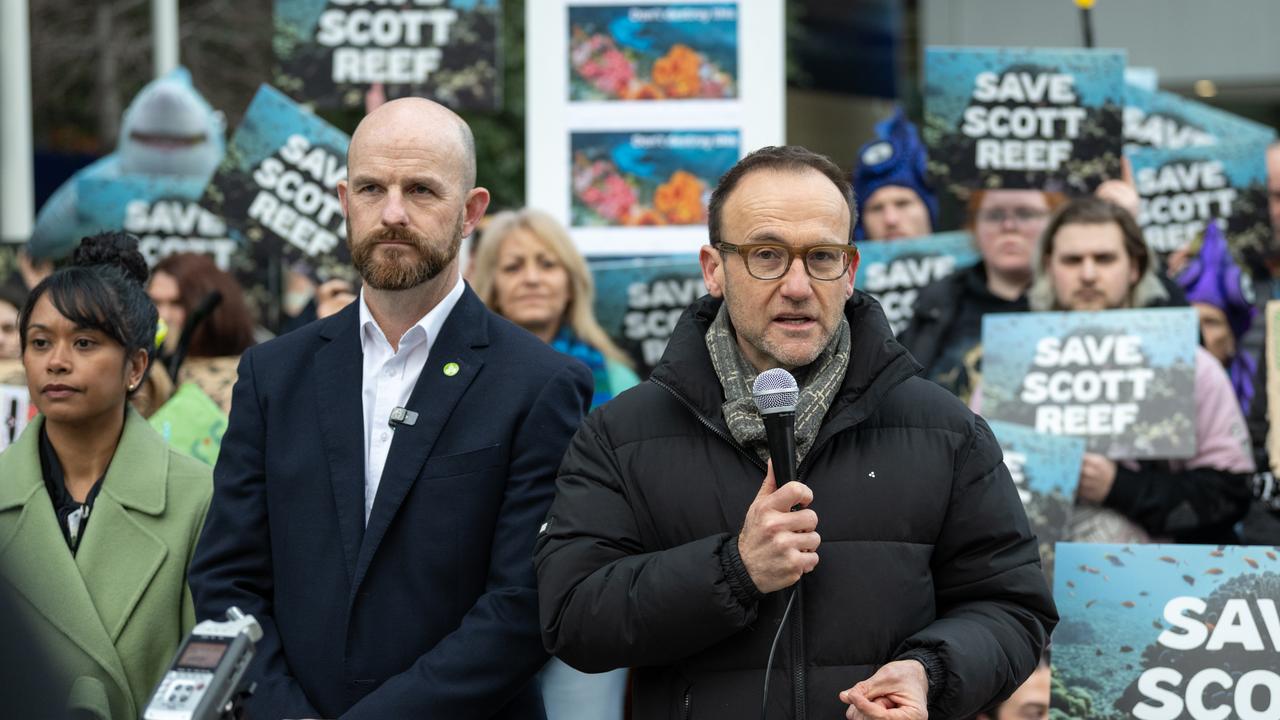 Adam Bandt with microphone in front of colourful protest