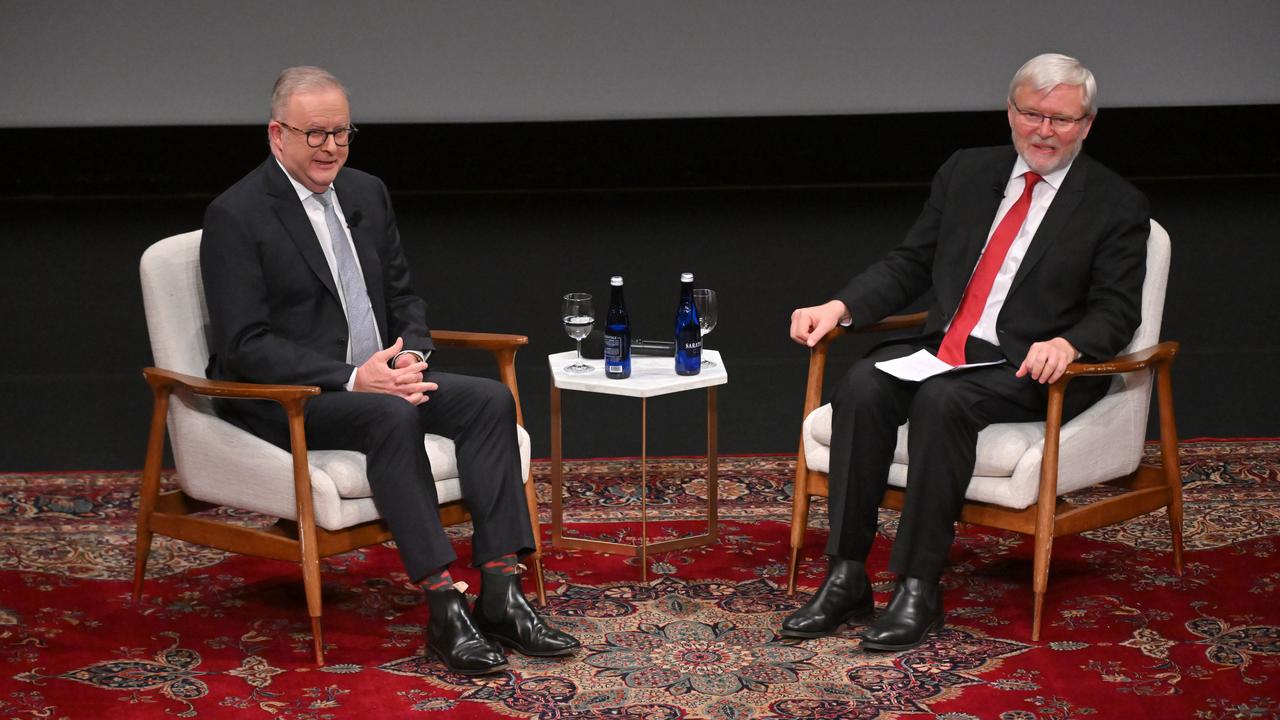 Anthony Albanese in conversation with former prime minister Kevin Rudd