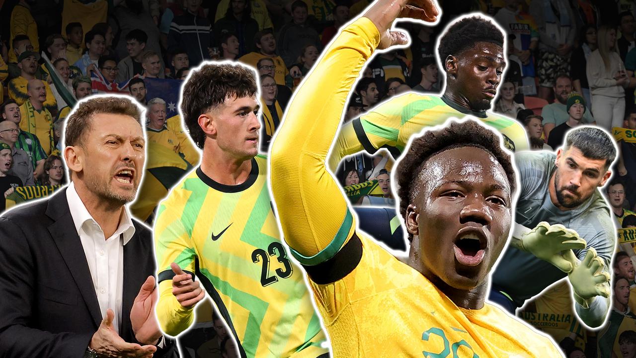 A graphic composite featuring the Socceroos coach and some players