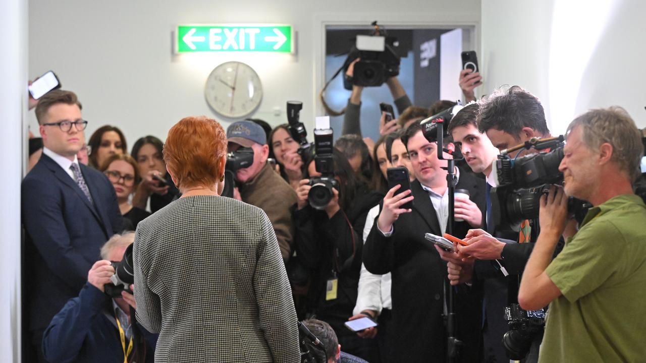 One Nation Leader Pauline Hanson speaks to journalists