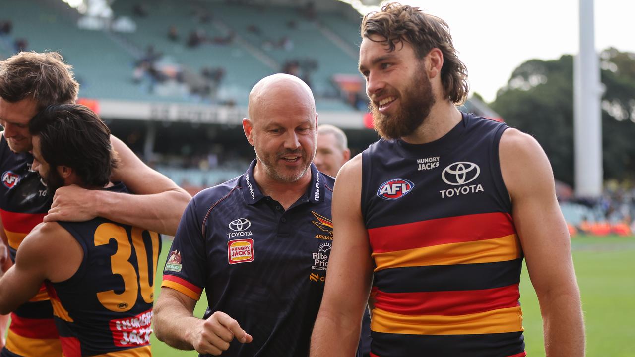 Crows coach Matthew Nicks was all smiles with Riley Thilthorpe