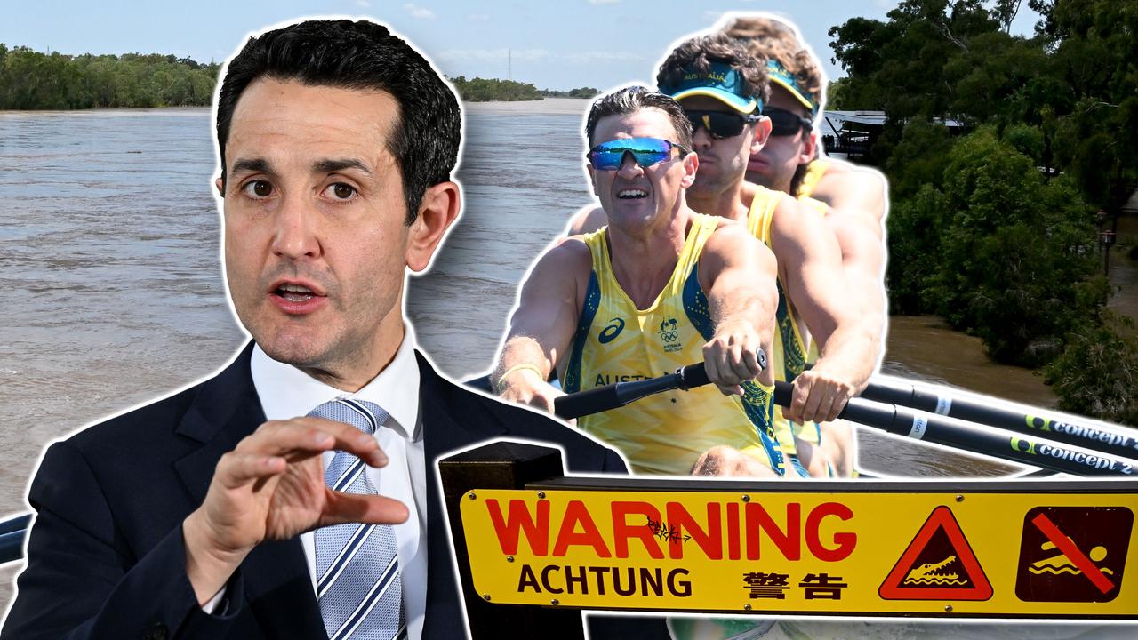 Queensland Premier David Crisafulli, rowers and a croc sign composite