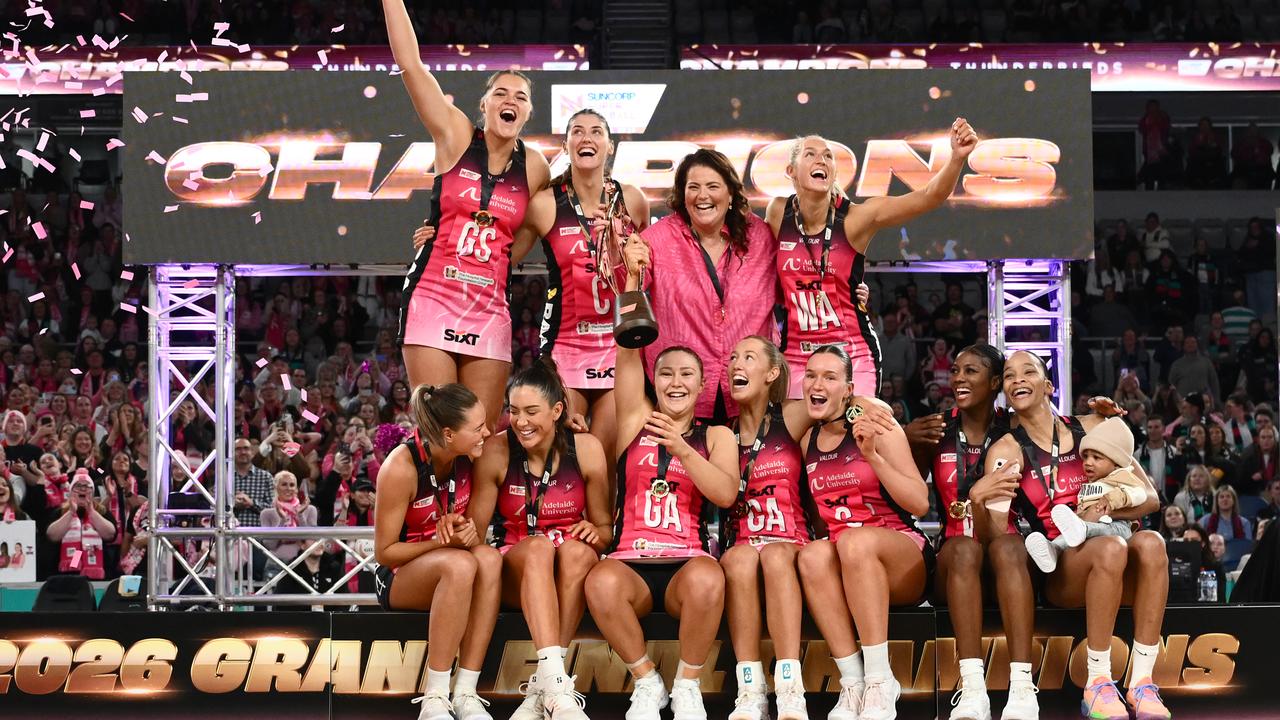 Celebrating Adelaide Thunderbirds players.