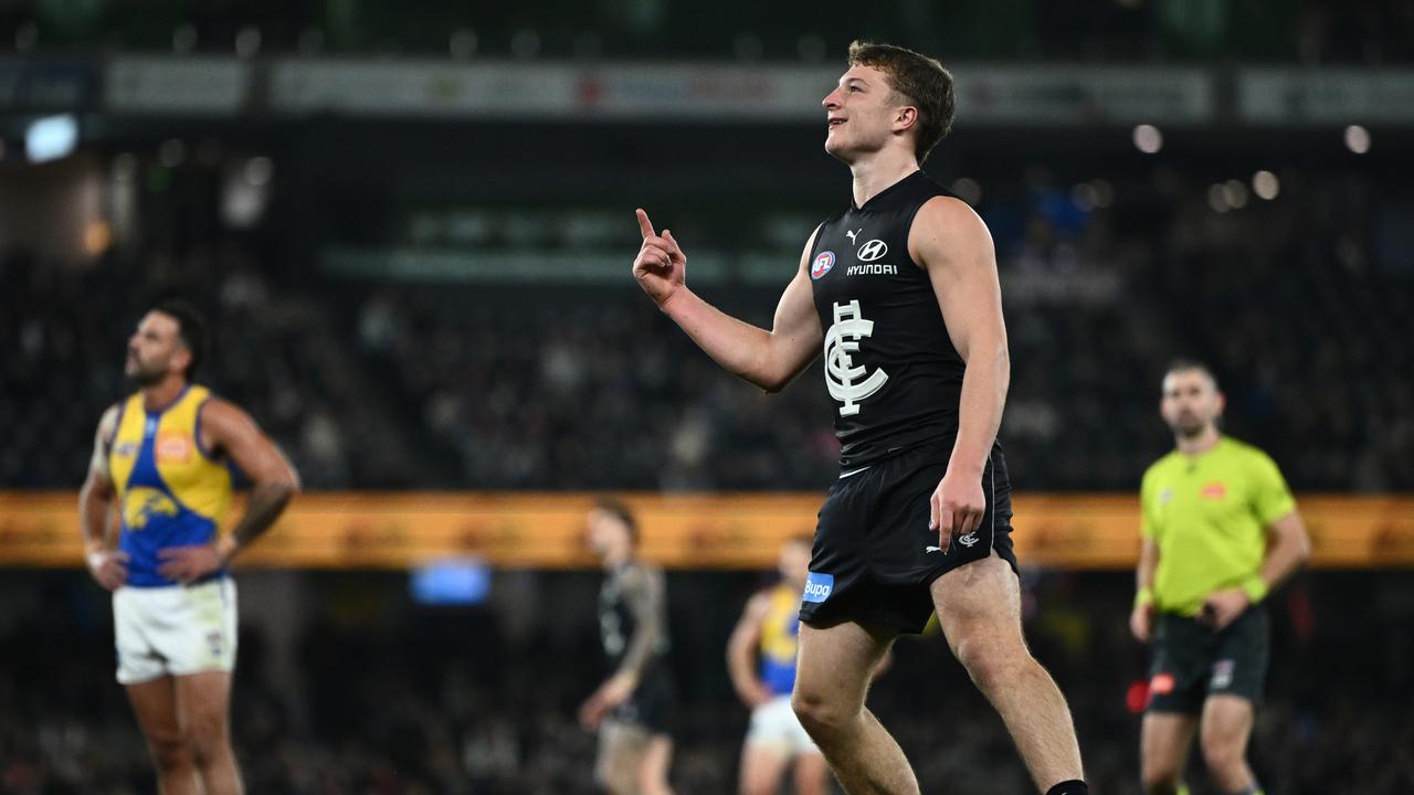 Talor Byrne of Carlton celebrates scoring a goal