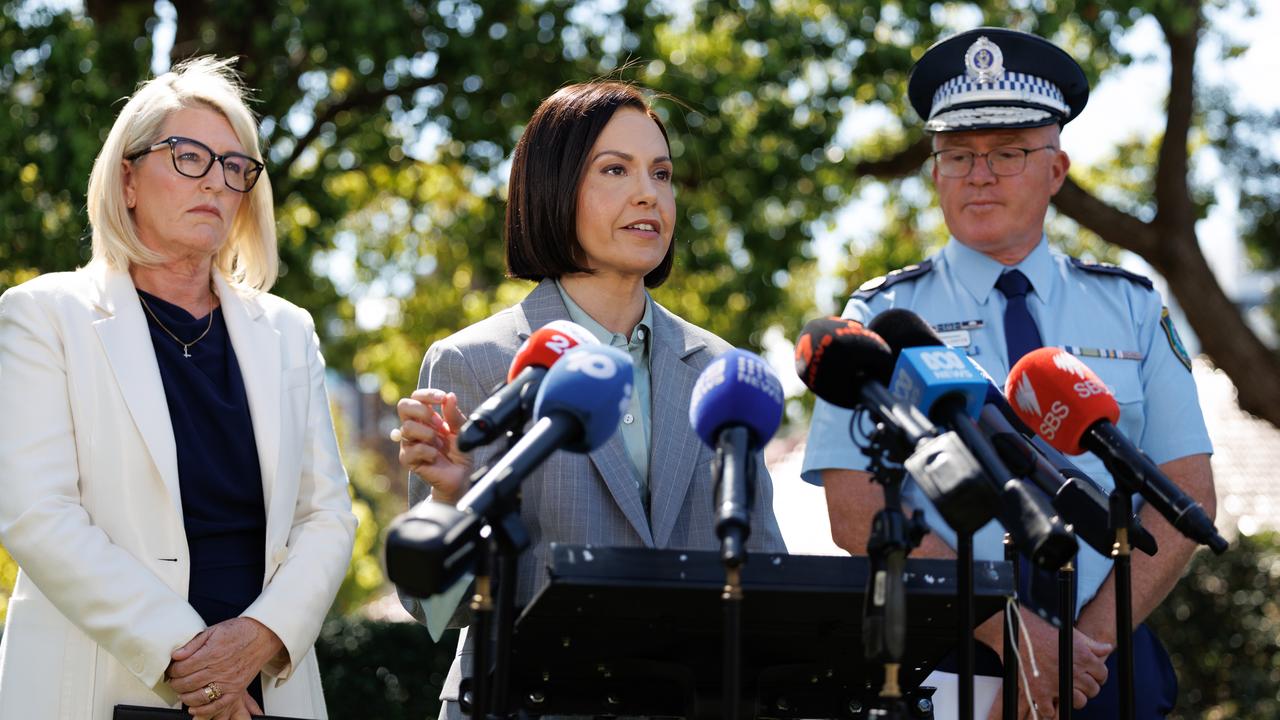 Premier Prue Car (centre) speaks to the media