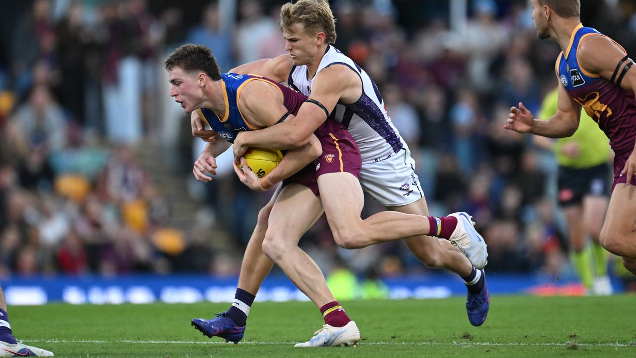 Fremantle's Karl Worner tried to stop Brisbane's Logan Morris