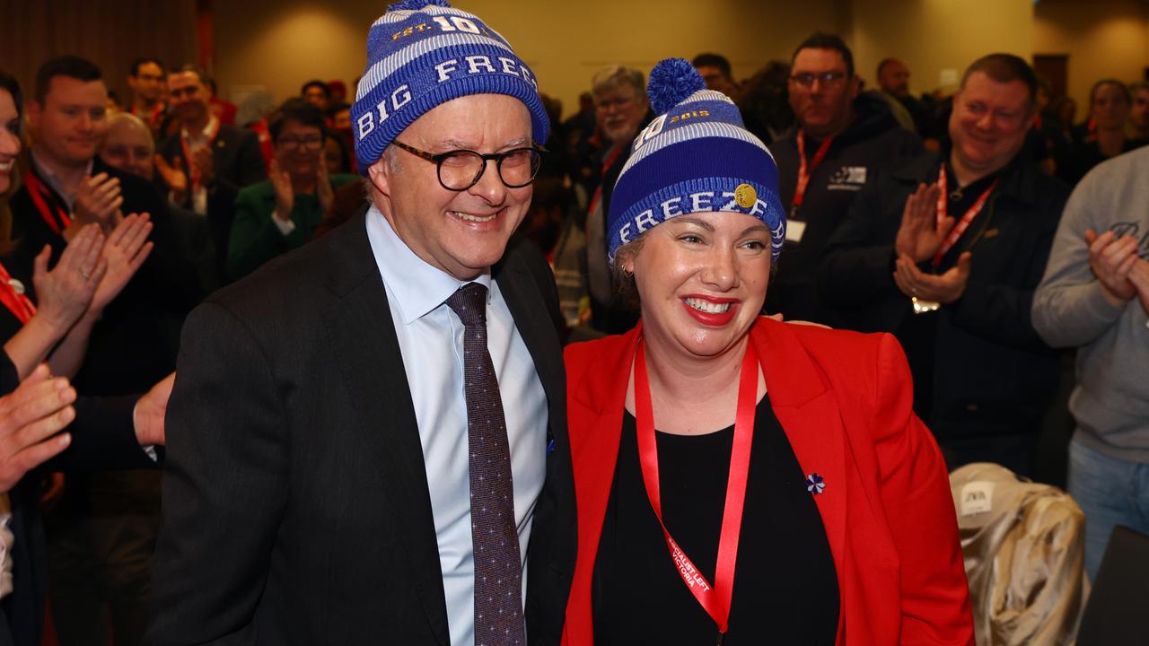 Victorian MP Emma Vulin and Anthony Albanese in 'Big Freeze' beanies.
