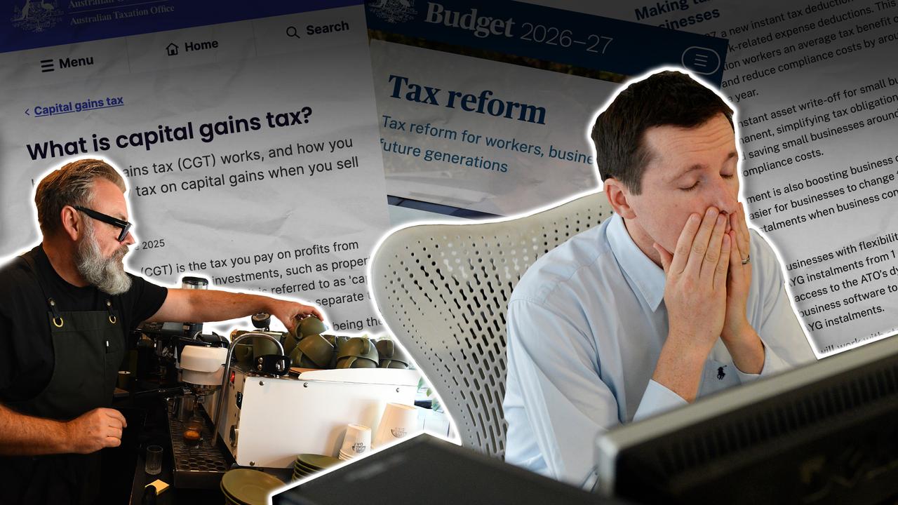 Composite of tax articles and an office worker