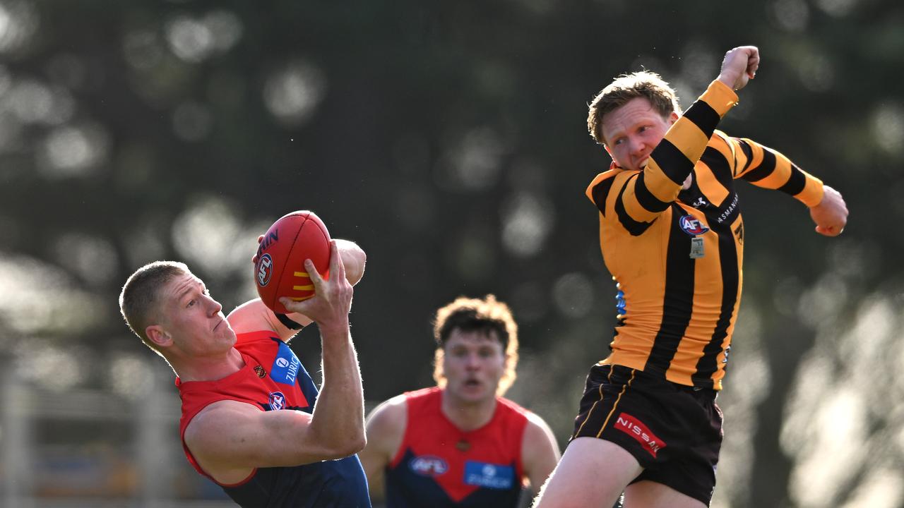 Melbourne's Jacob Van Rooyen takes a strong mark