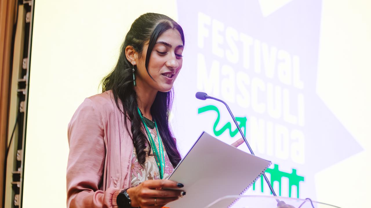 New Zealand Palestinian poet Sara Qasem speaks at  Mencare conference