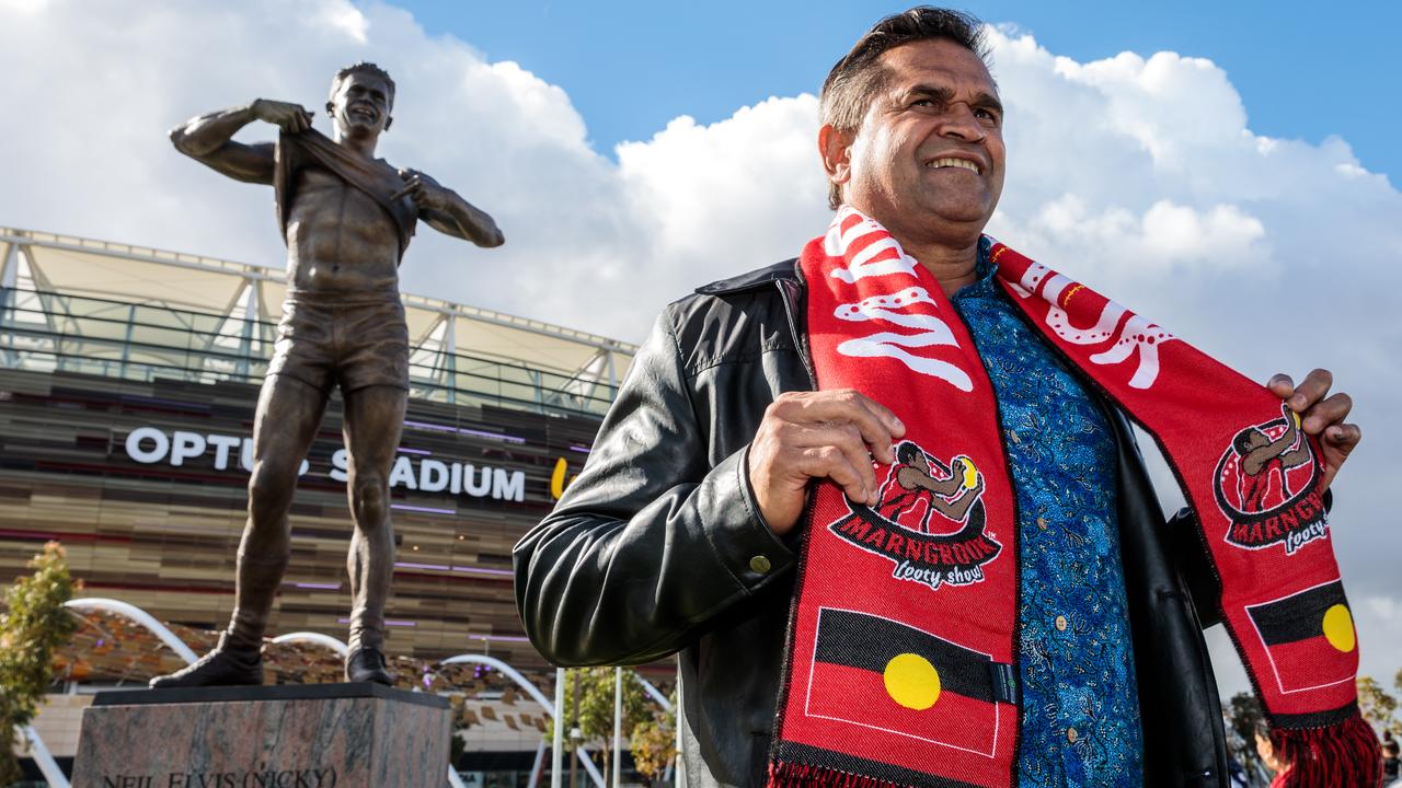 statue at Optus Stadium depicting Nicky Winmar's stance against racism